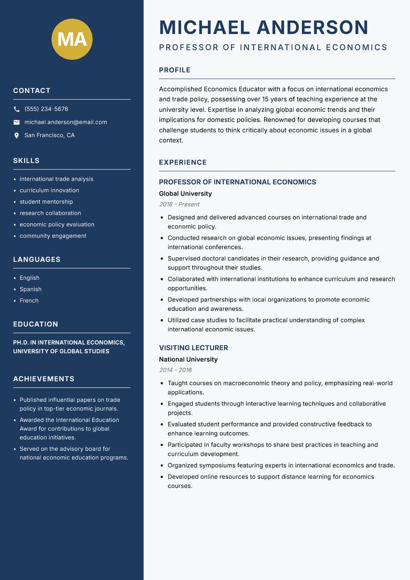 Economics Educator resume template — Classic Clean