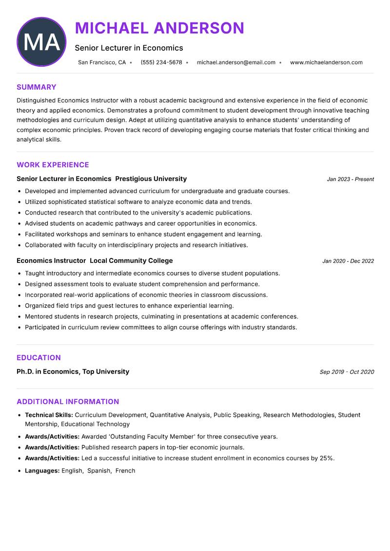 Economics Instructor resume example — ATS-friendly template