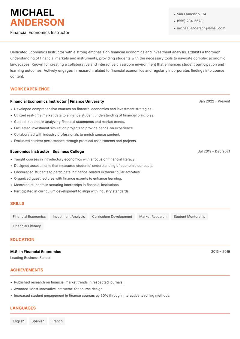 Economics Instructor resume template — Modern Professional