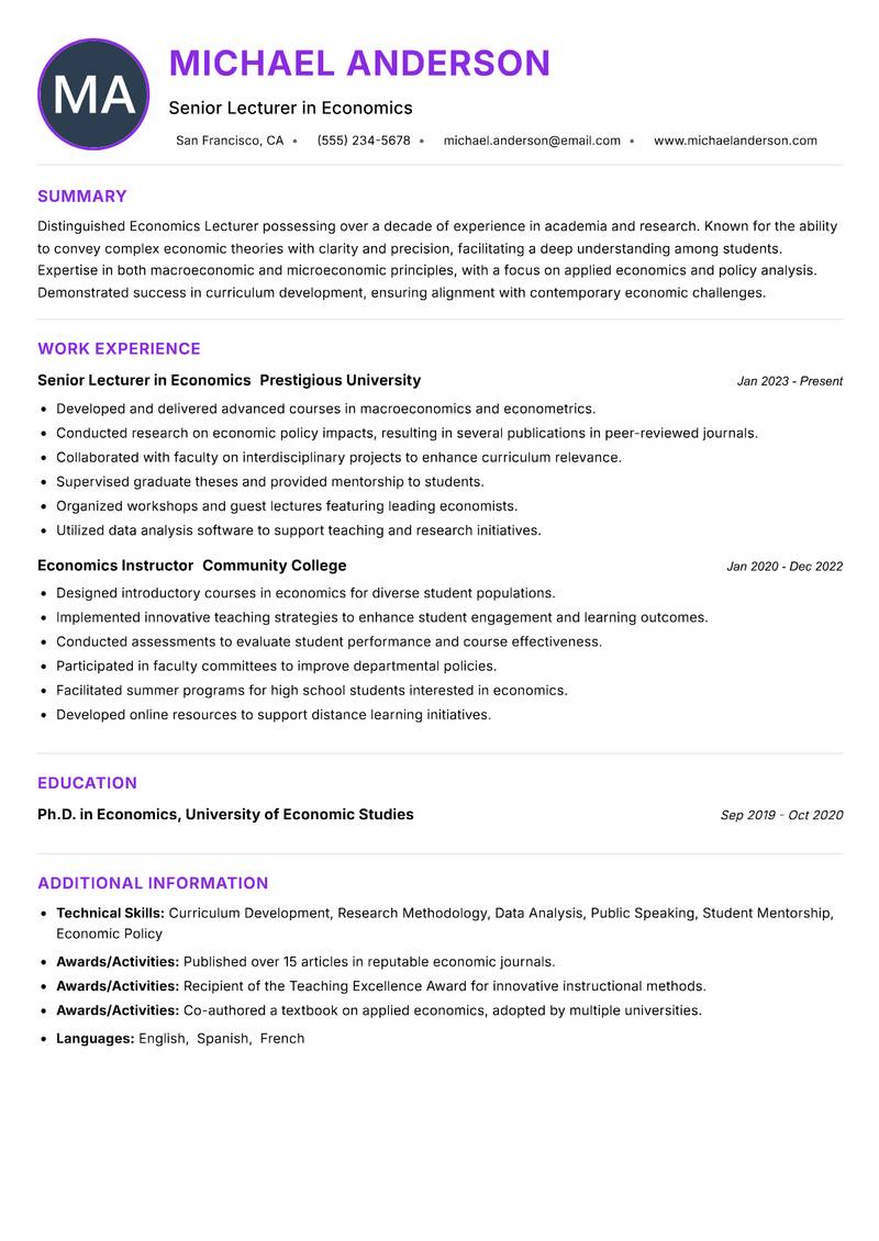Economics Lecturer resume example — ATS-friendly template