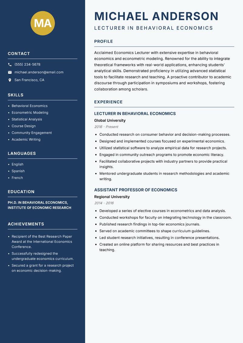 Economics Lecturer resume template — Classic Clean