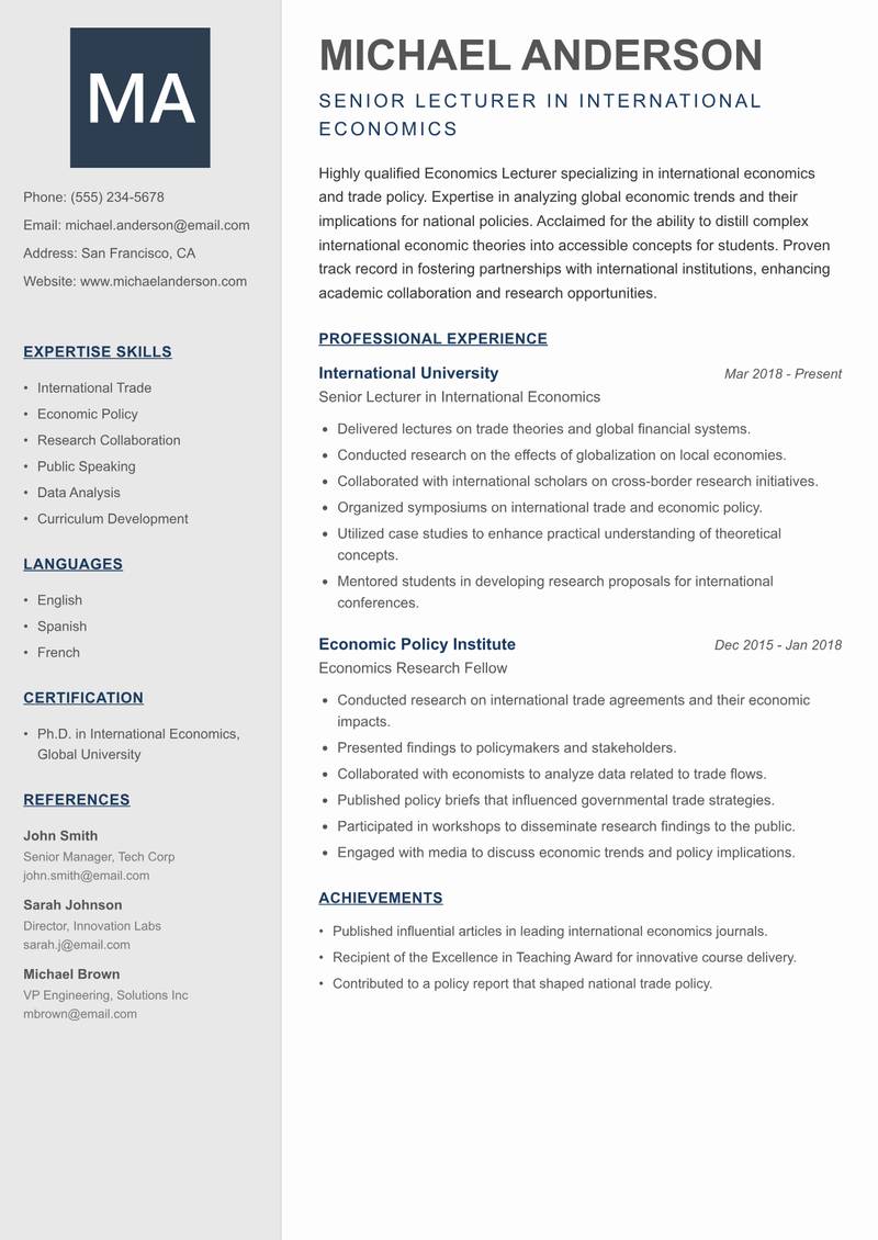 Economics Lecturer resume template — Creative Minimal