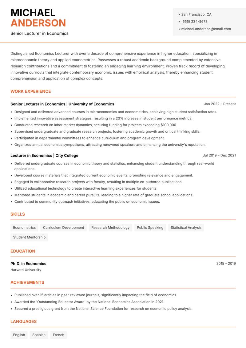 Economics Lecturer resume template — Modern Professional