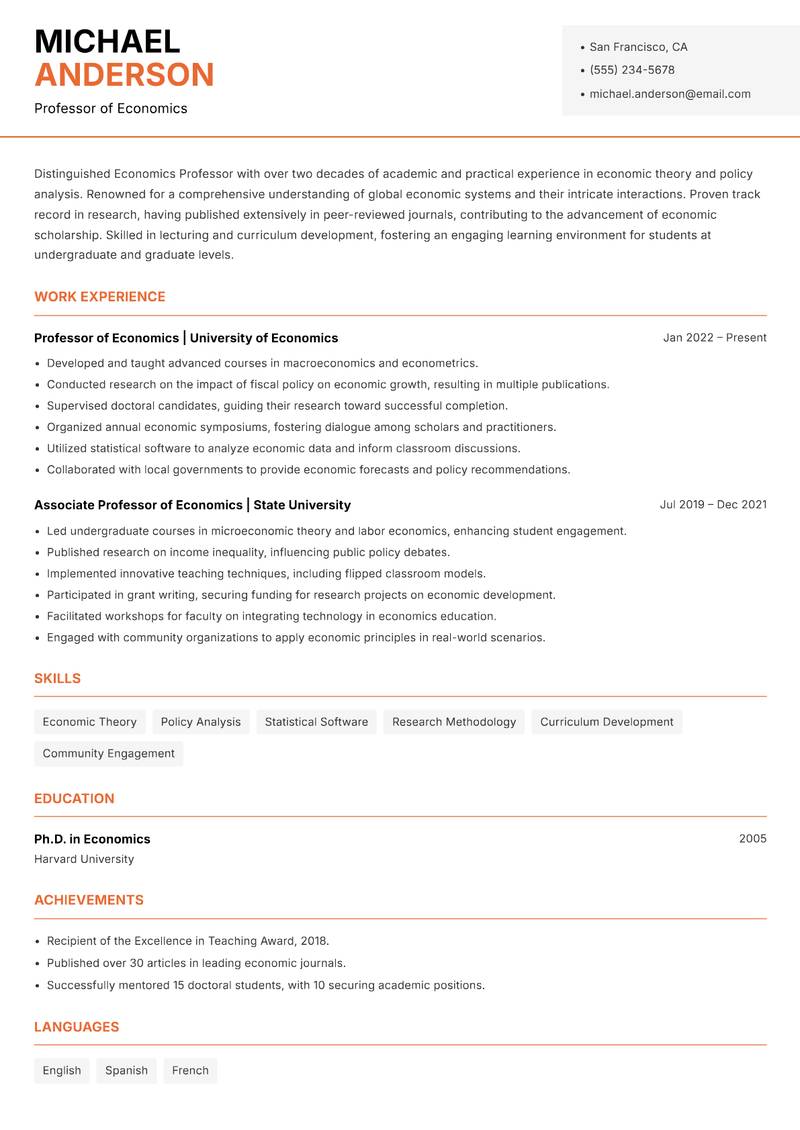 Economics Professor resume template — Modern Professional