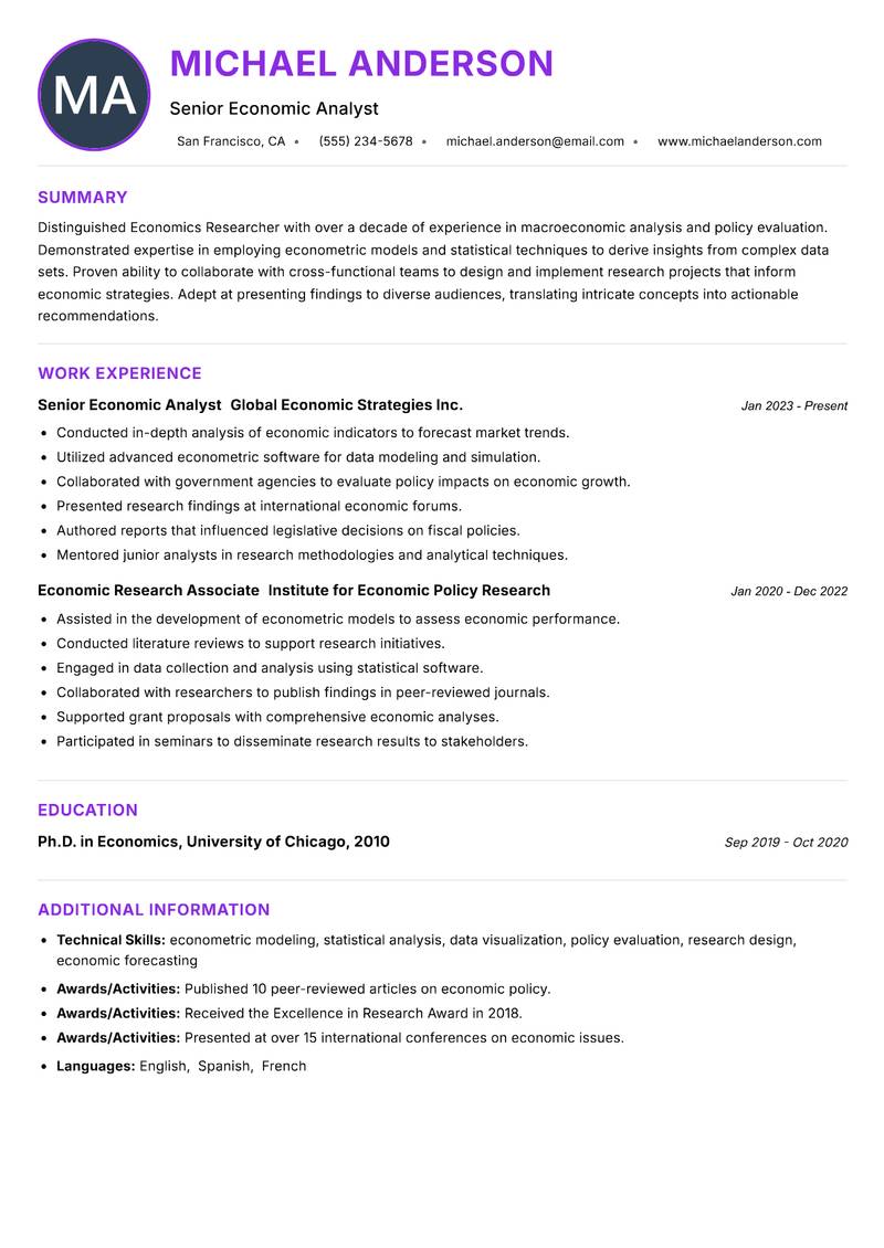 Economics Researcher resume example — ATS-friendly template