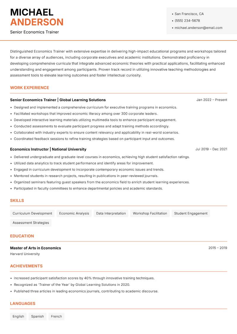 Economics Trainer resume template — Modern Professional