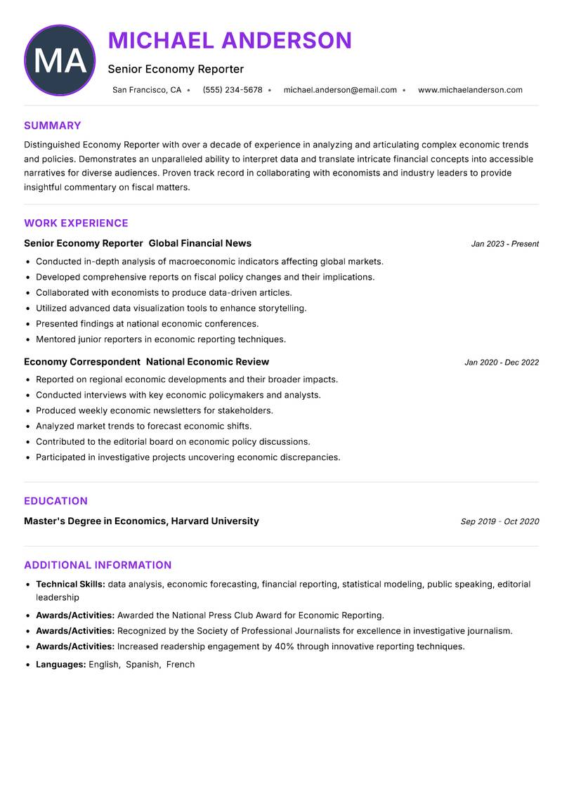 Economy Reporter resume example — ATS-friendly template