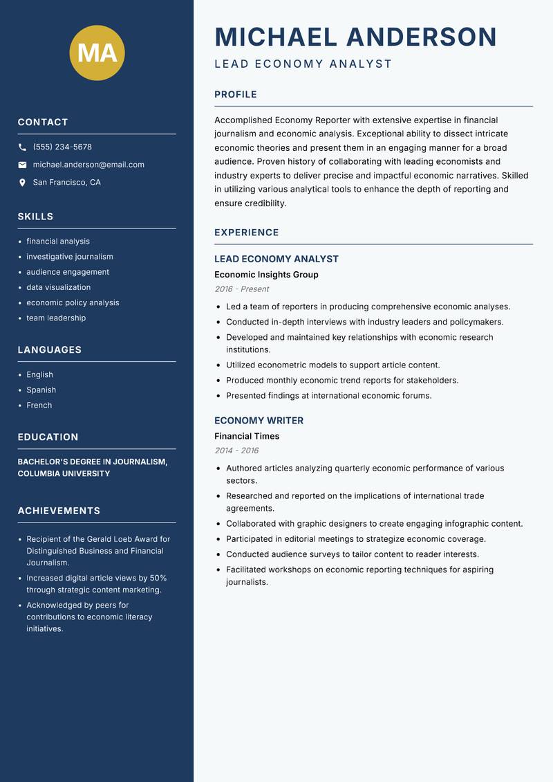 Economy Reporter resume template — Classic Clean