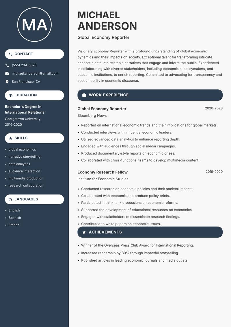 Economy Reporter resume template — Compact