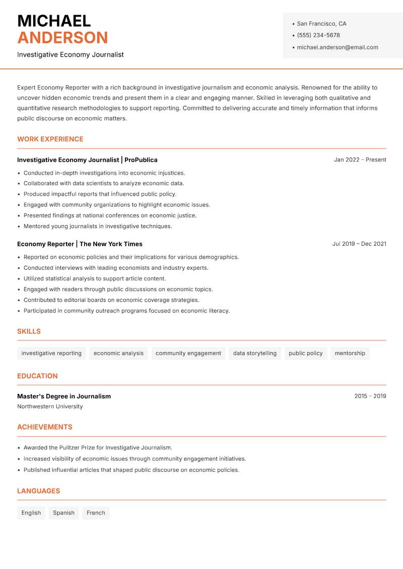 Economy Reporter resume template — Modern Professional