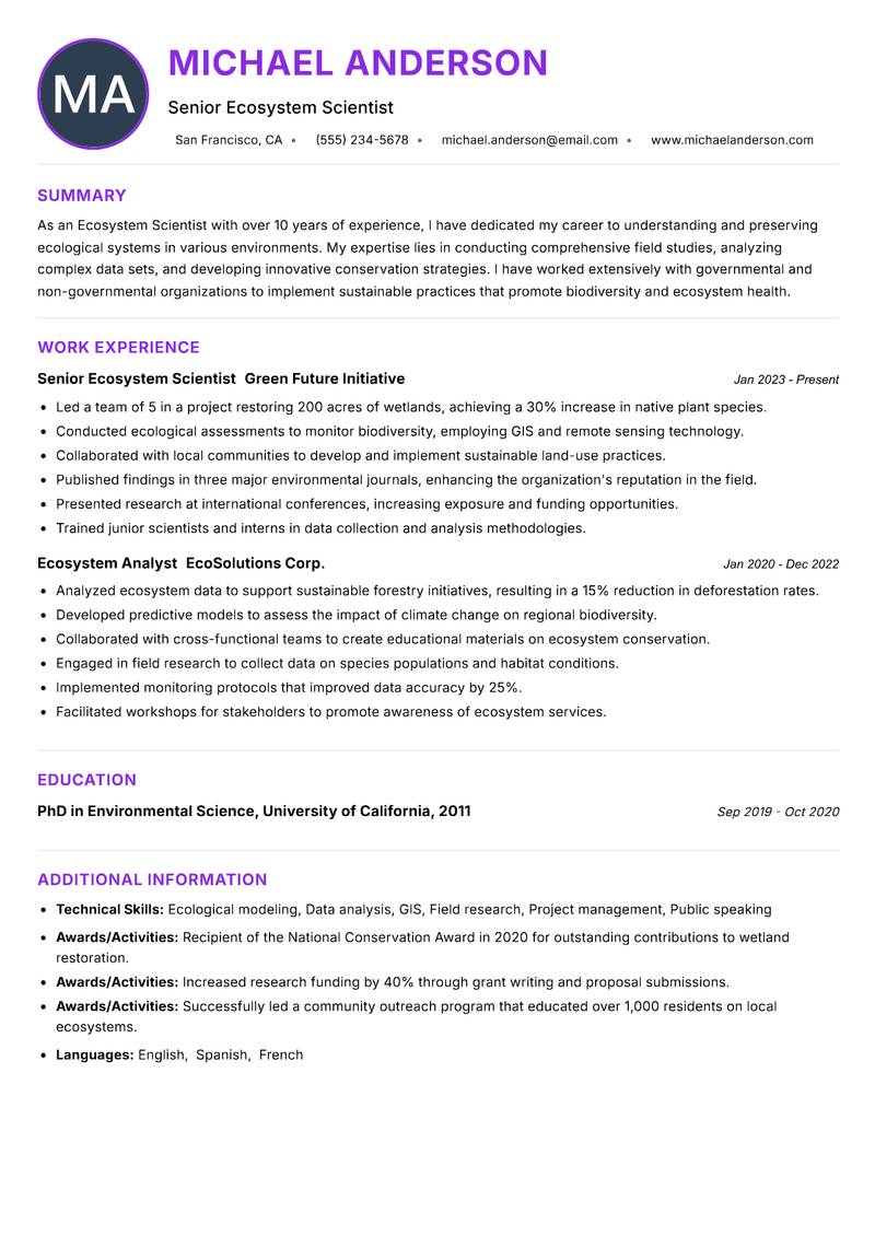 Ecosystem Scientist resume example — ATS-friendly template