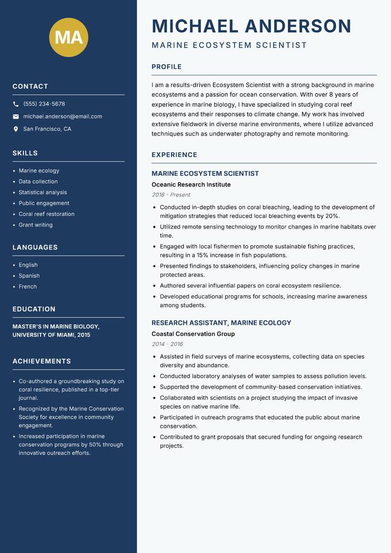 Ecosystem Scientist resume template — Classic Clean