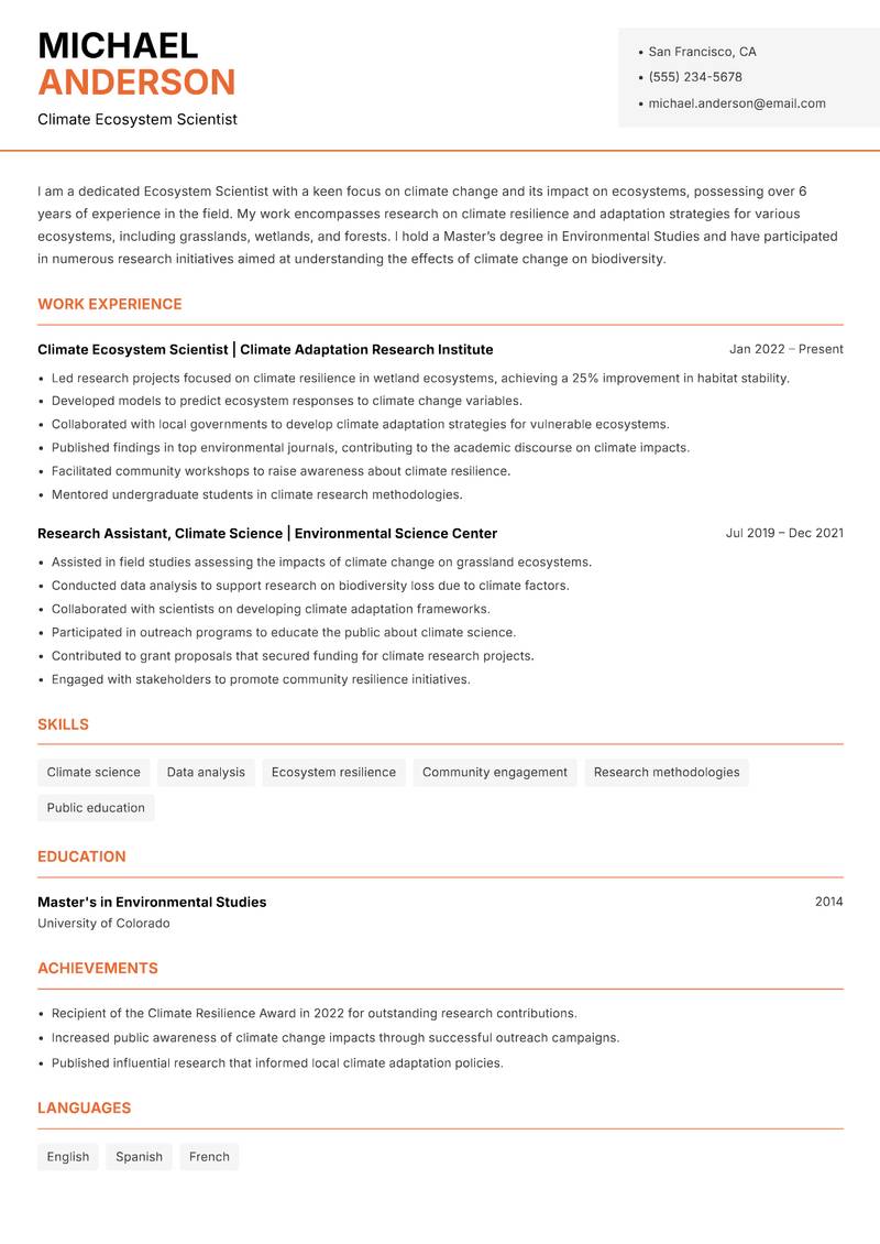 Ecosystem Scientist resume template — Modern Professional