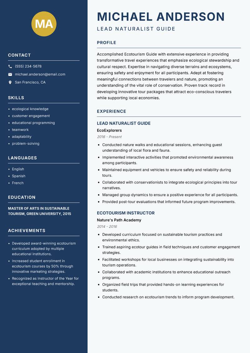 Ecotourism Guide resume template — Classic Clean