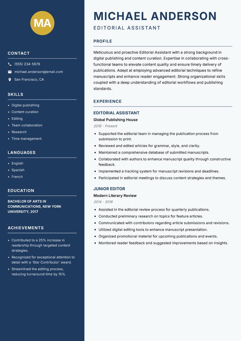 Editorial Assistant resume template — Classic Clean