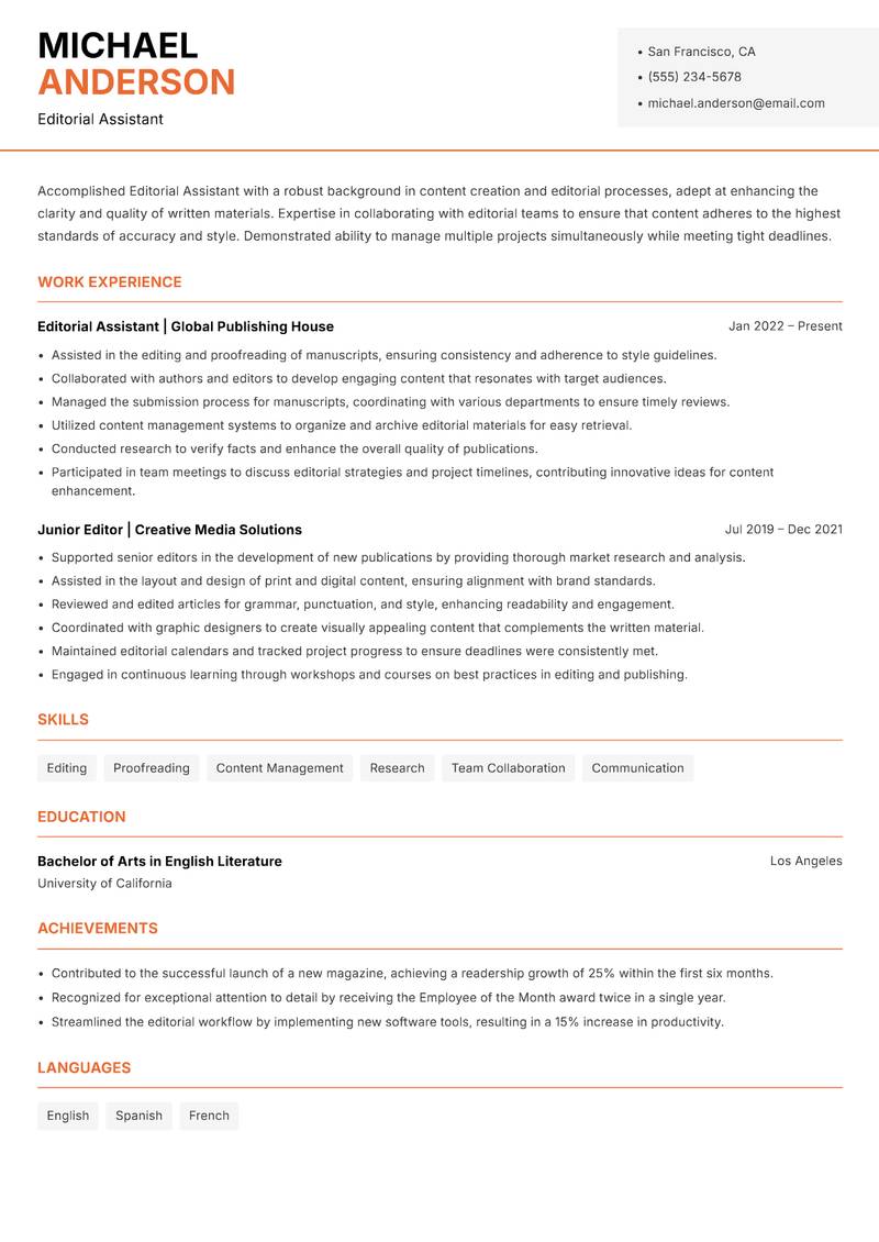 Editorial Assistant resume template — Modern Professional