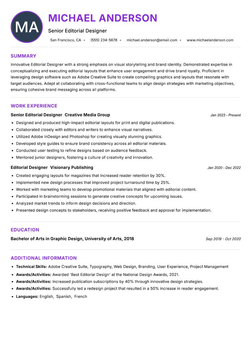 Editorial Designer resume example — ATS-friendly template