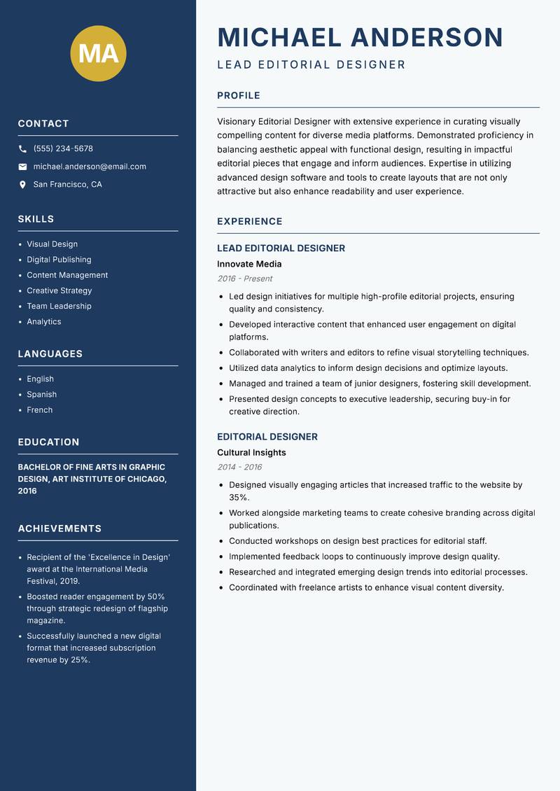 Editorial Designer resume template — Classic Clean