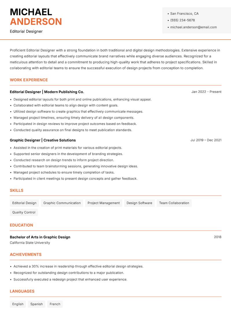 Editorial Designer resume template — Modern Professional