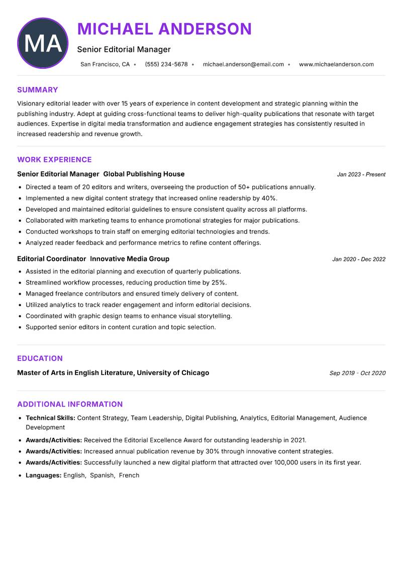 Editorial Director resume example — ATS-friendly template