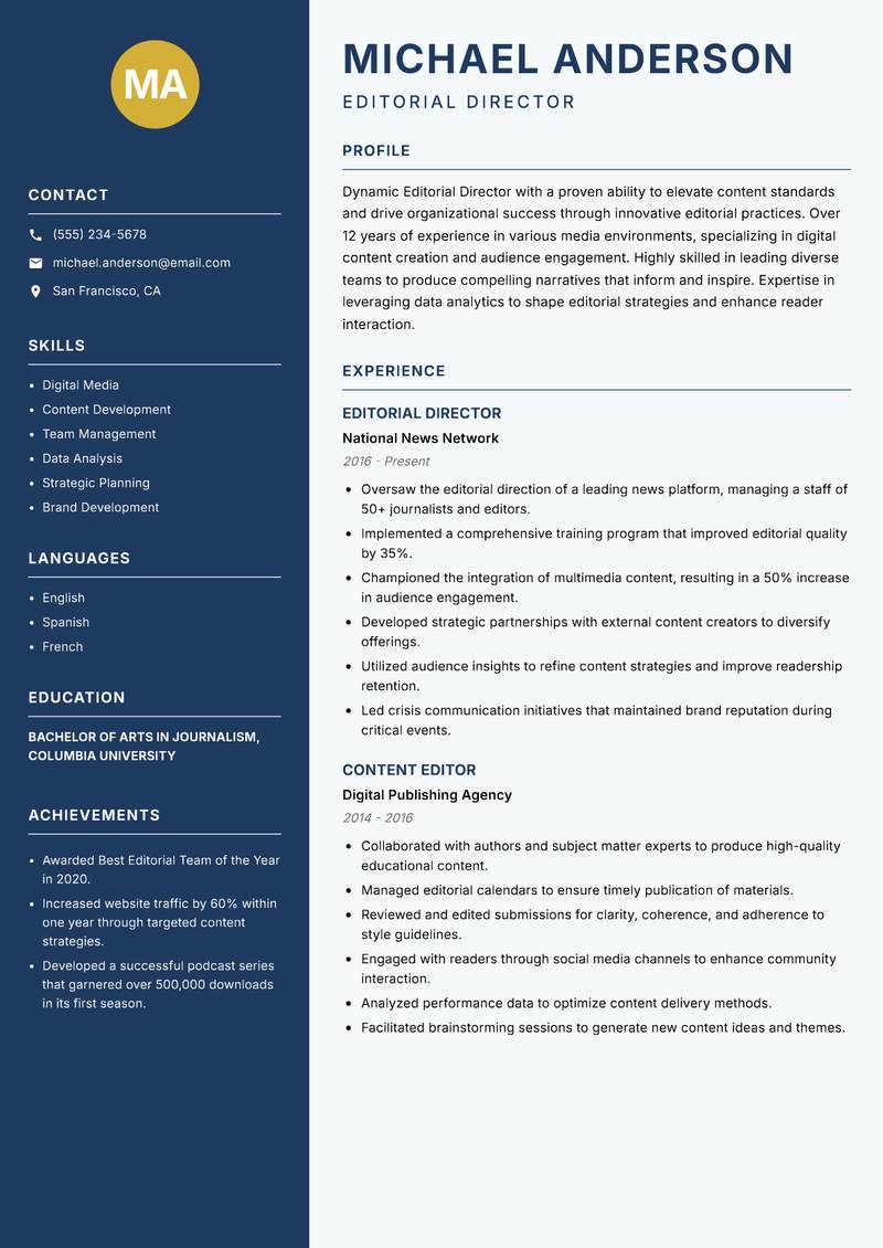 Editorial Director resume template — Classic Clean