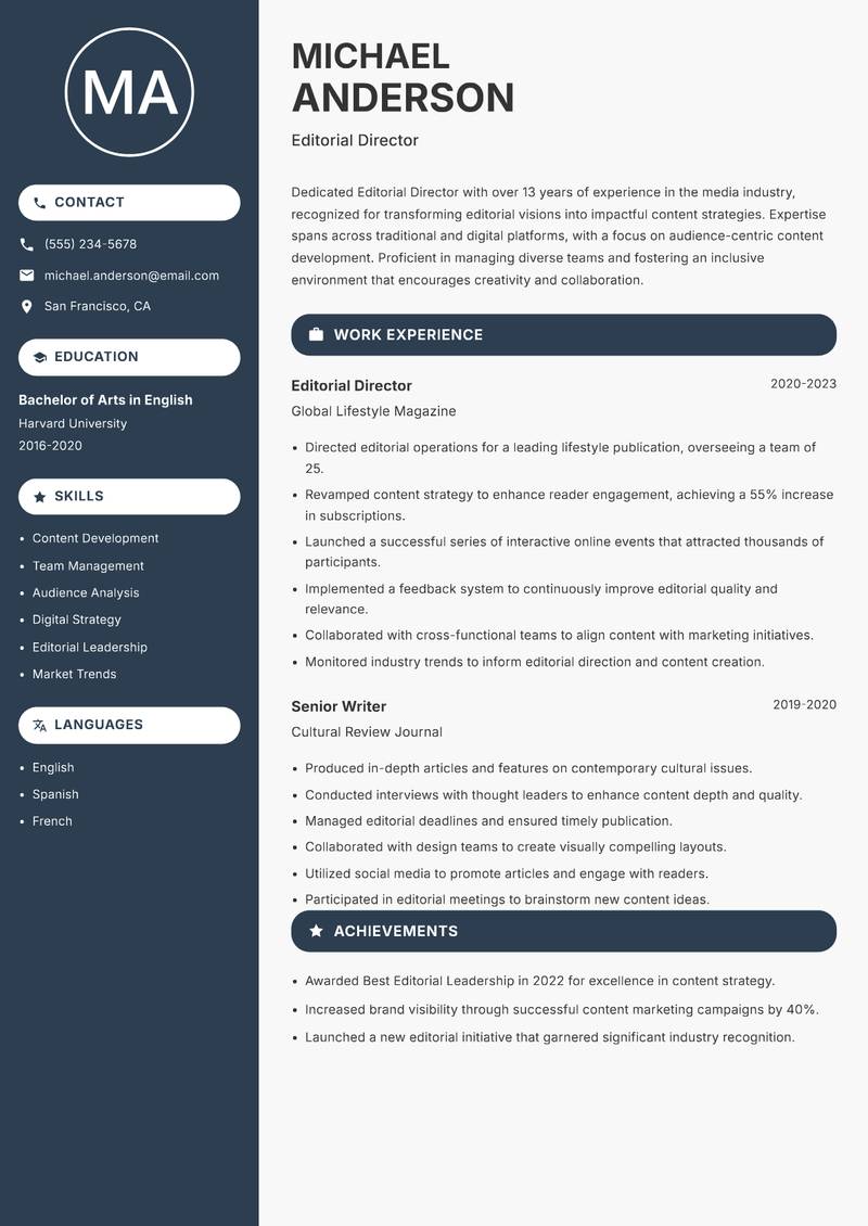 Editorial Director resume template — Compact