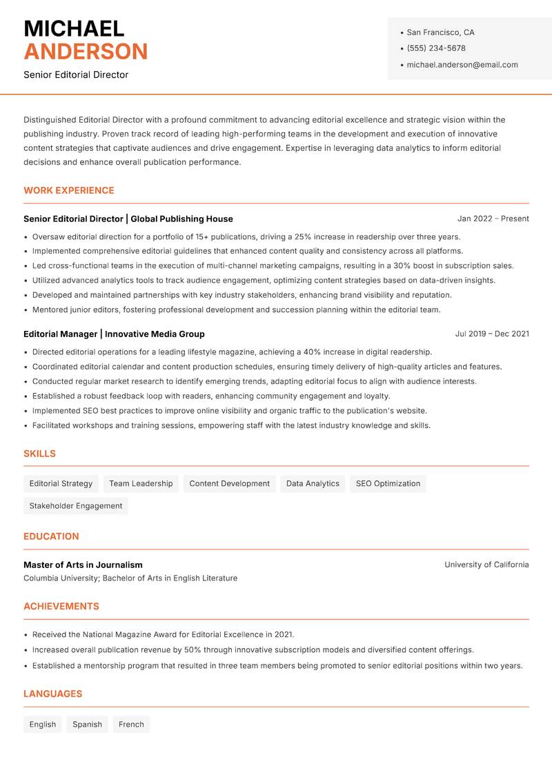 Editorial Director resume template — Modern Professional
