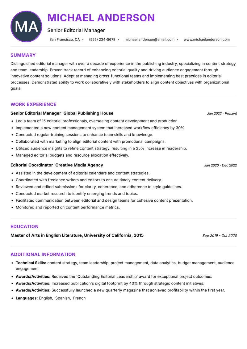 Editorial Manager resume example — ATS-friendly template
