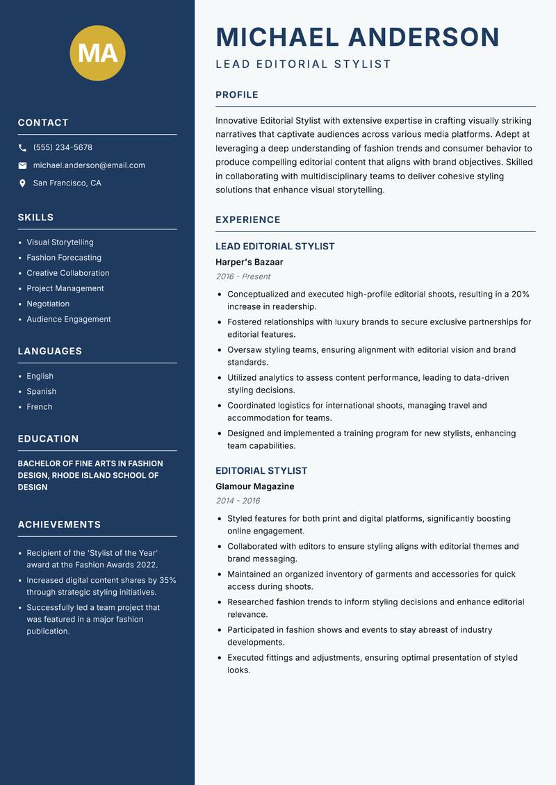 Editorial Stylist resume template — Classic Clean