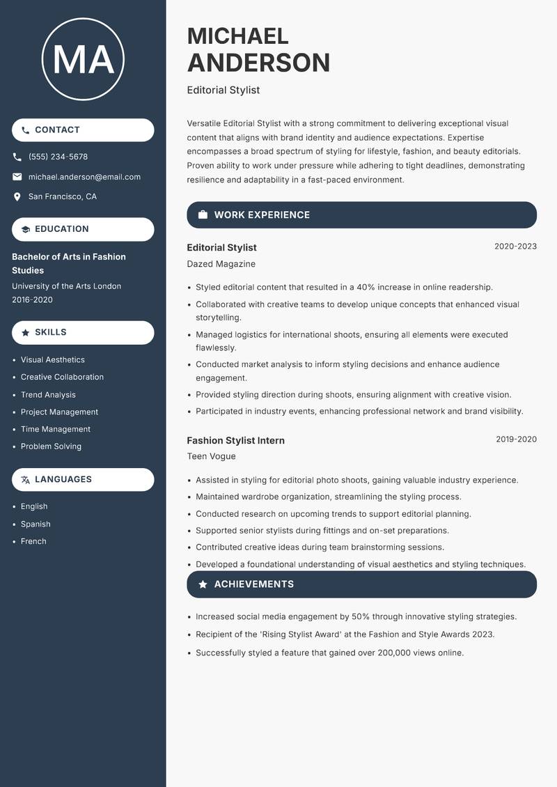 Editorial Stylist resume template — Compact