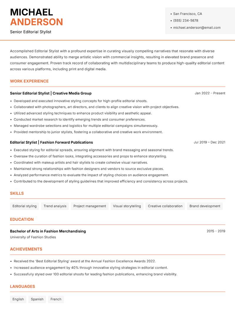 Editorial Stylist resume template — Modern Professional