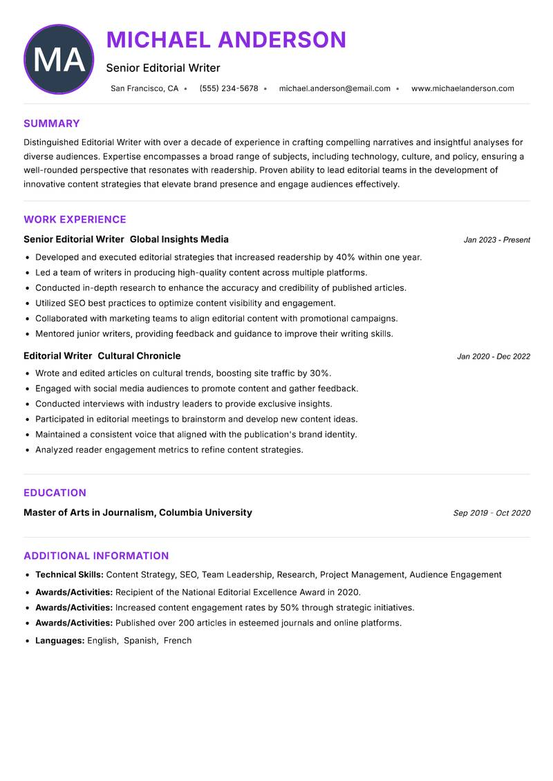 Editorial Writer resume example — ATS-friendly template