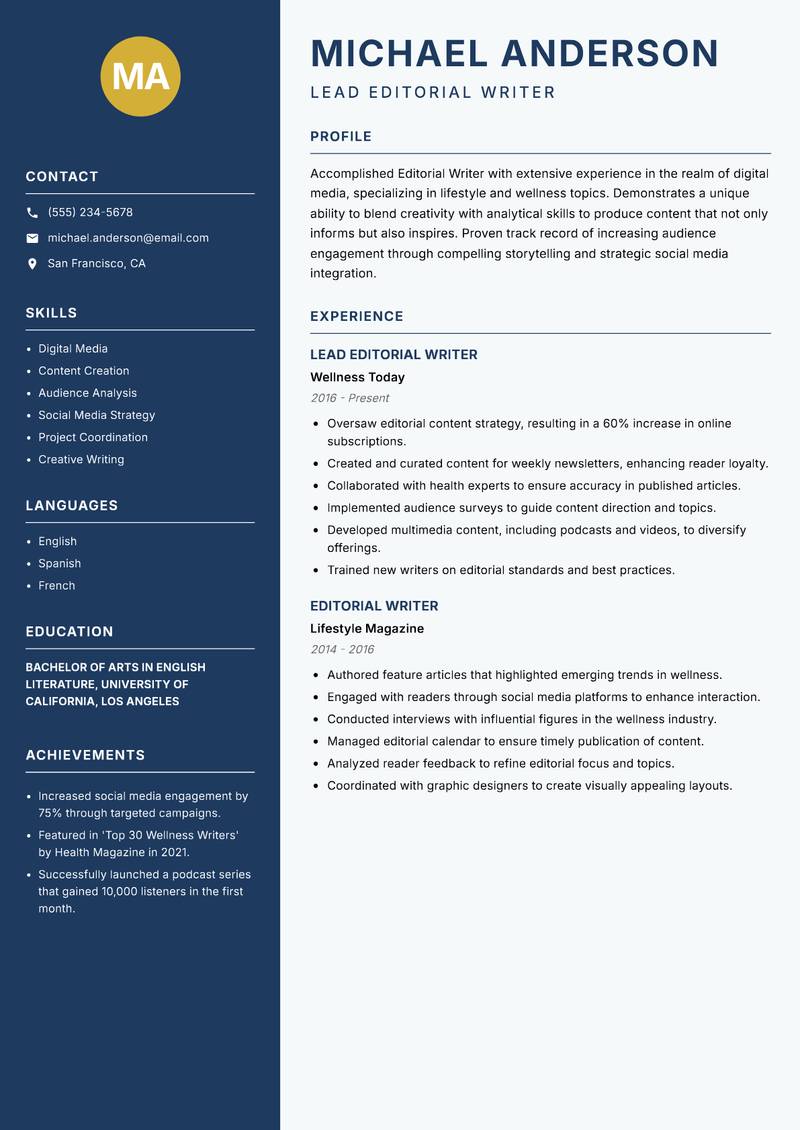 Editorial Writer resume template — Classic Clean