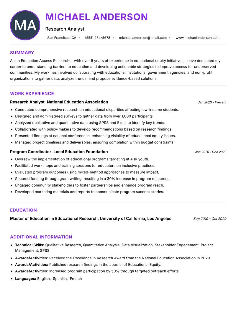 Education Access Researcher resume example — ATS-friendly template
