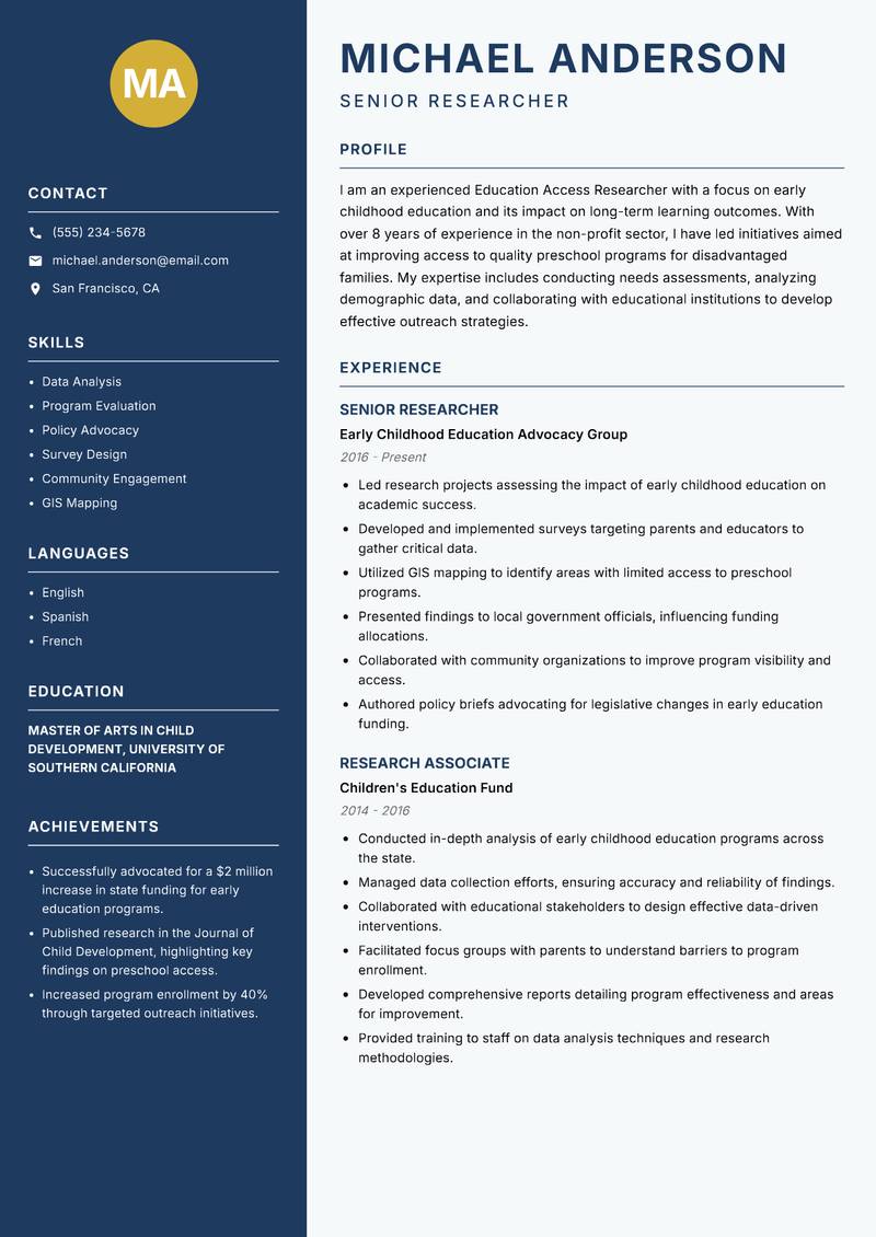Education Access Researcher resume template — Classic Clean