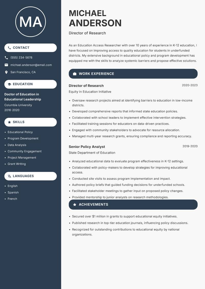 Education Access Researcher resume template — Compact