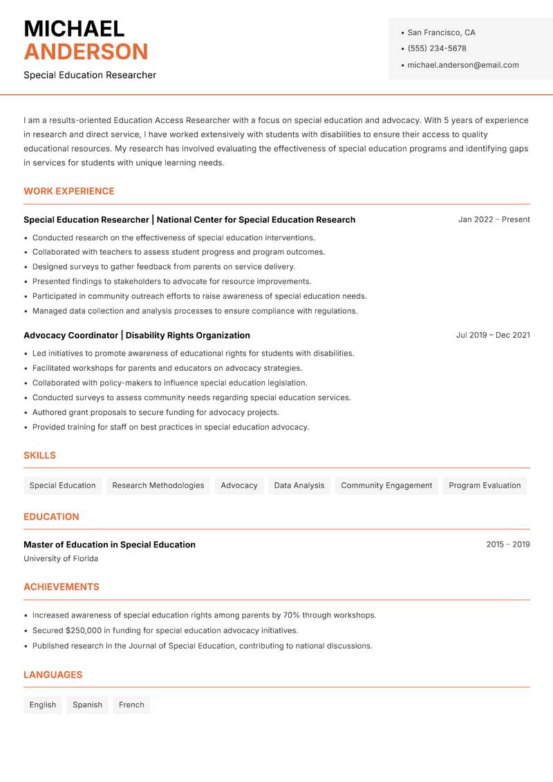 Education Access Researcher resume template — Modern Professional