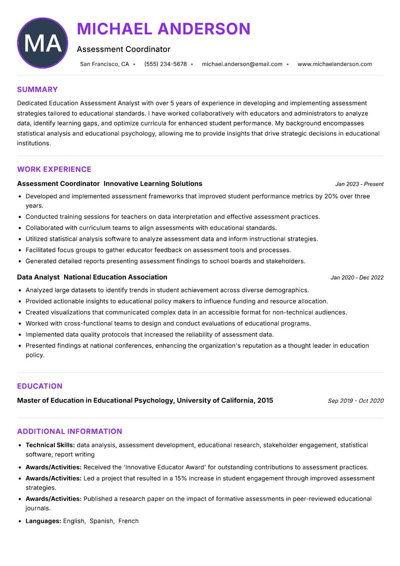 Education Assessment Analyst resume example — ATS-friendly template