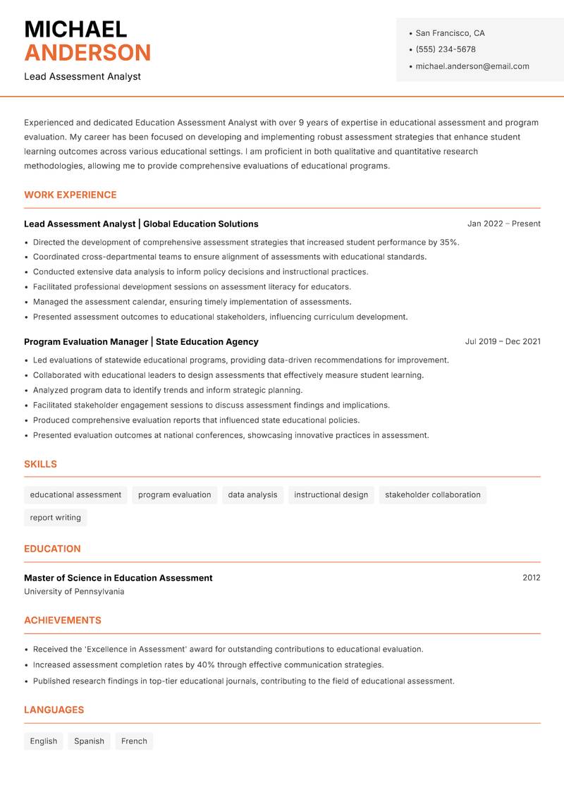 Education Assessment Analyst resume template — Modern Professional