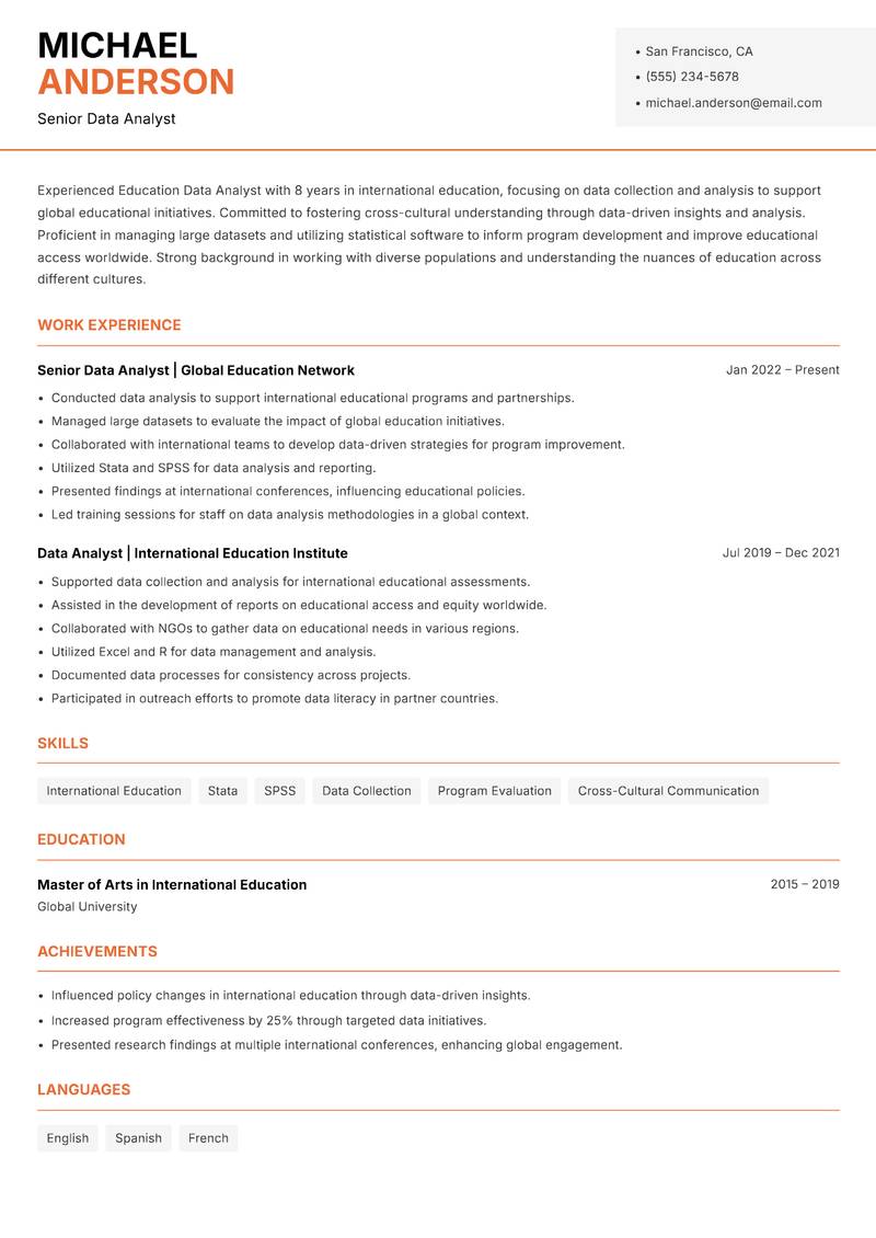 Education Data Analyst resume template — Modern Professional