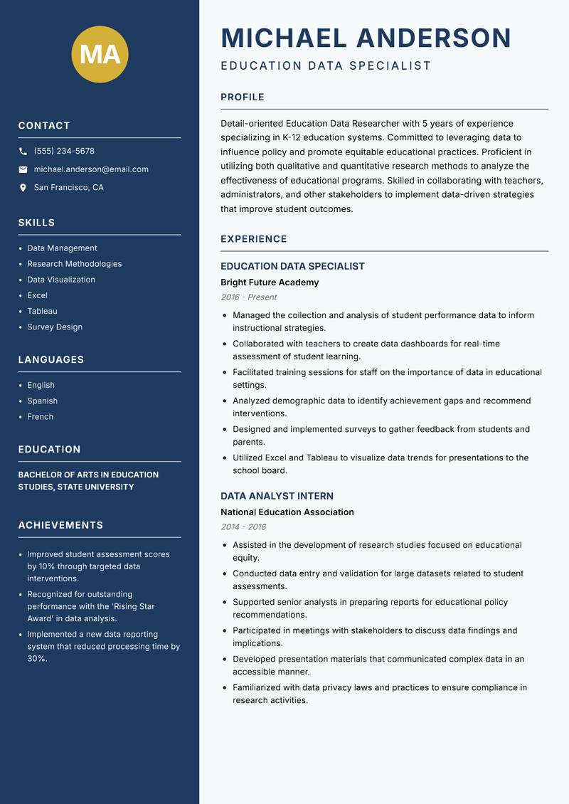 Education Data Researcher resume template — Classic Clean