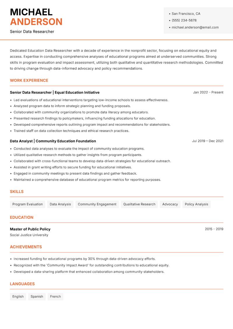 Education Data Researcher resume template — Modern Professional