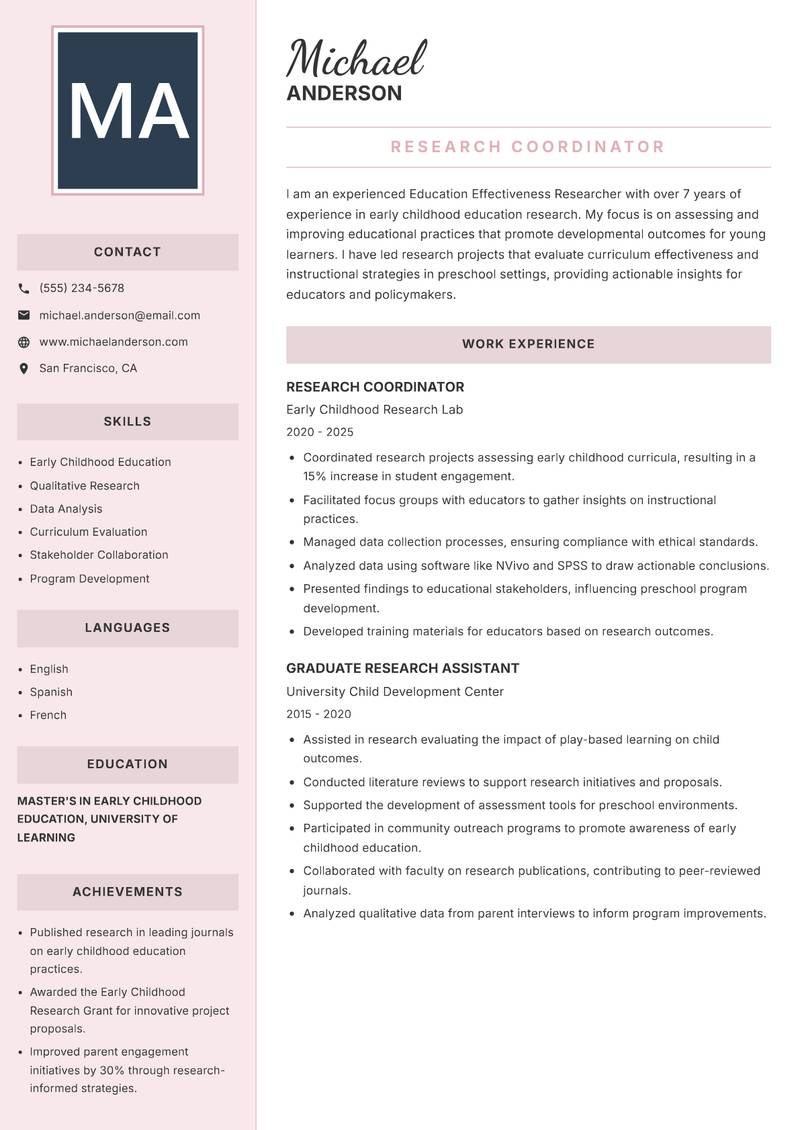 Education Effectiveness Researcher resume template — Executive