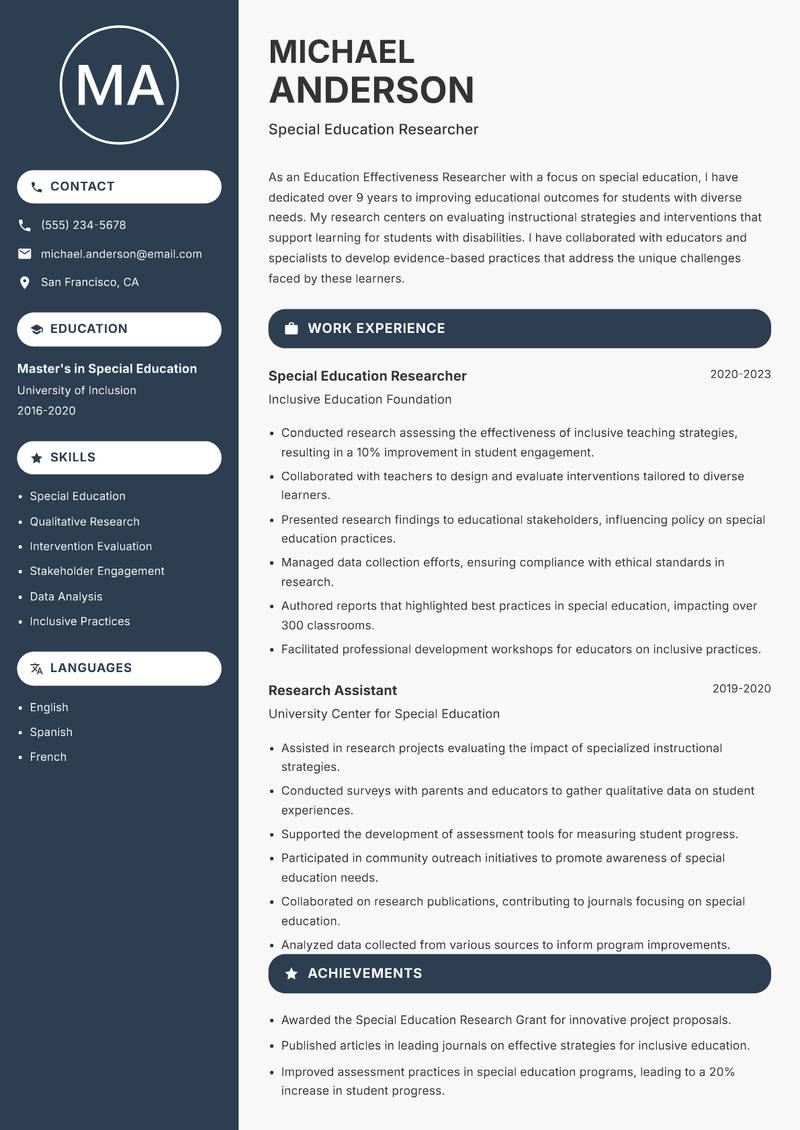 Education Effectiveness Researcher resume template — Compact