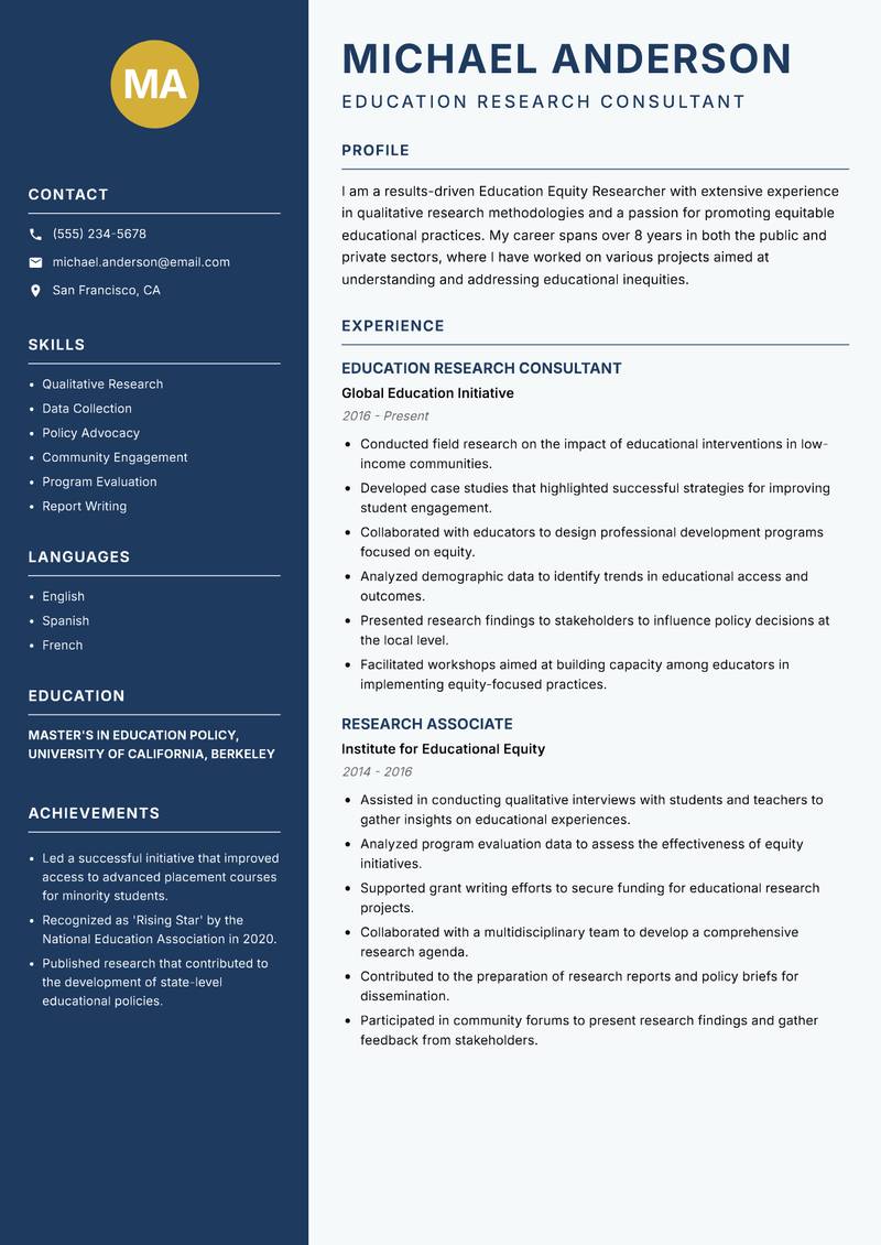 Education Equity Researcher resume template — Classic Clean