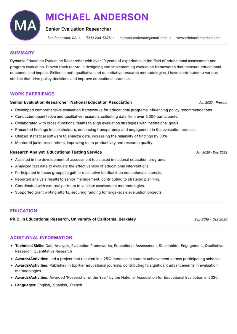 Education Evaluation Researcher resume example — ATS-friendly template