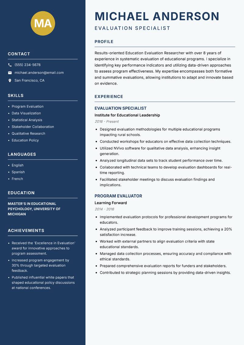 Education Evaluation Researcher resume template — Classic Clean