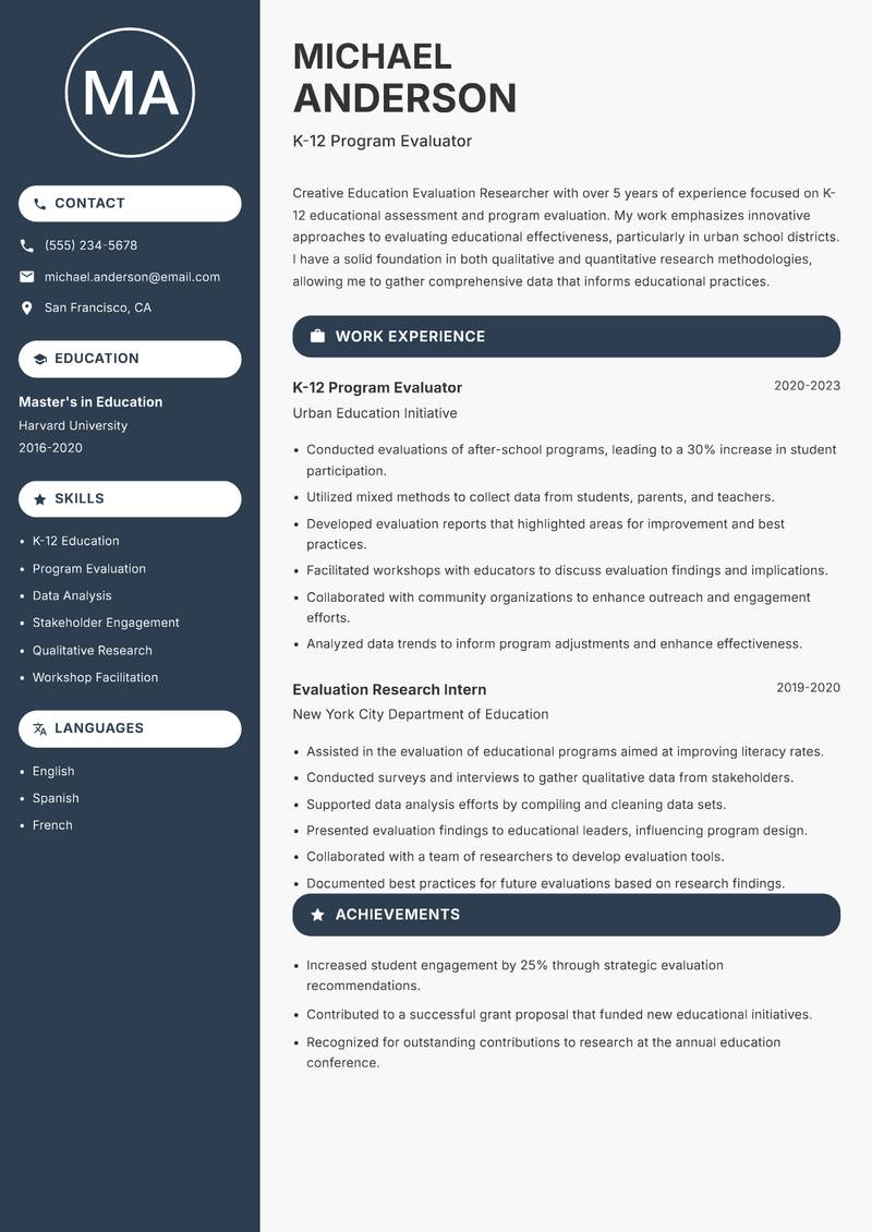 Education Evaluation Researcher resume template — Compact