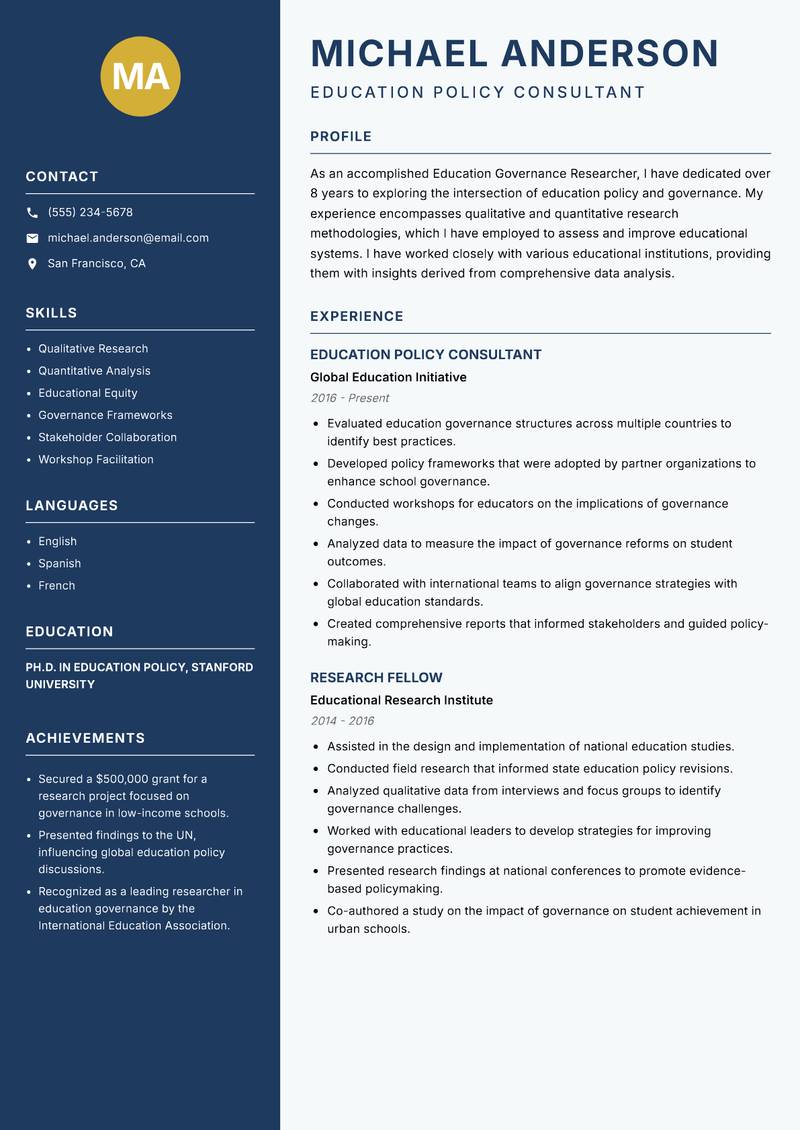 Education Governance Researcher resume template — Classic Clean