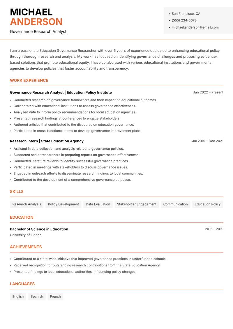 Education Governance Researcher resume template — Modern Professional